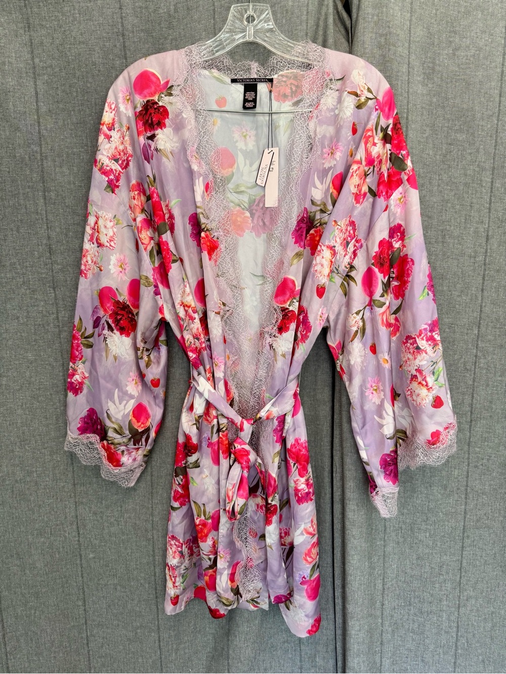 Y2K Victoria's Secret Lilac And Pink Floral Satin Lace Robe Vibrant Romantic M/L